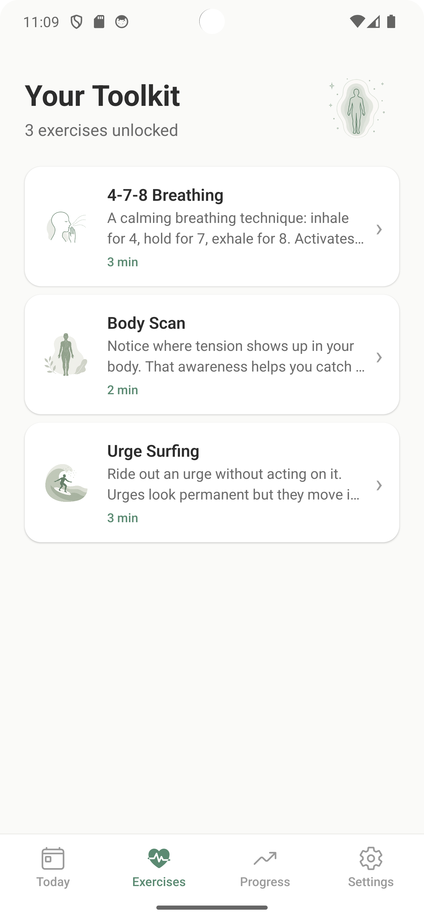 Toolkit screen listing 4-7-8 Breathing, Body Scan, and Urge Surfing exercises with a few minutes each