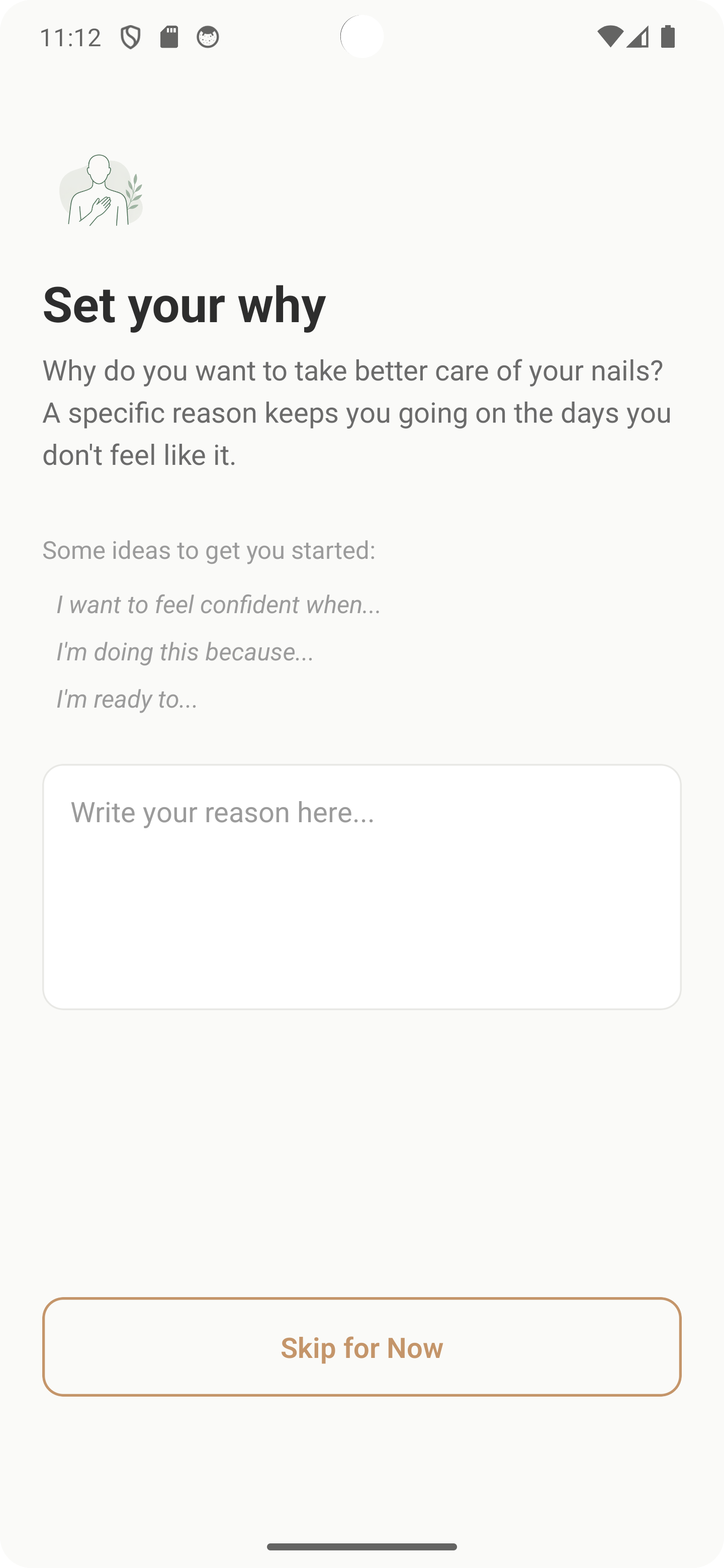 Onboarding screen asking you to set your why for taking better care of your nails