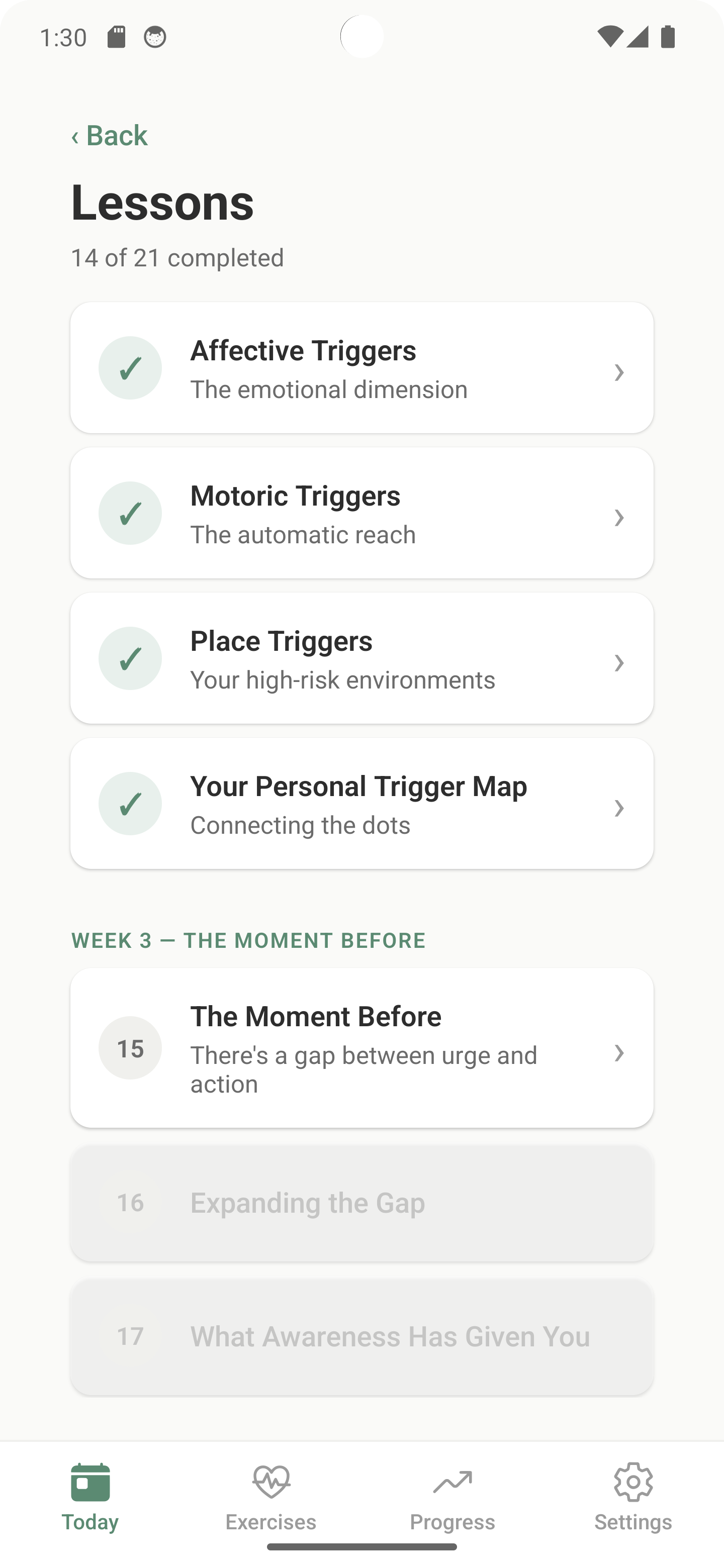 Screen showing a daily lesson in the program