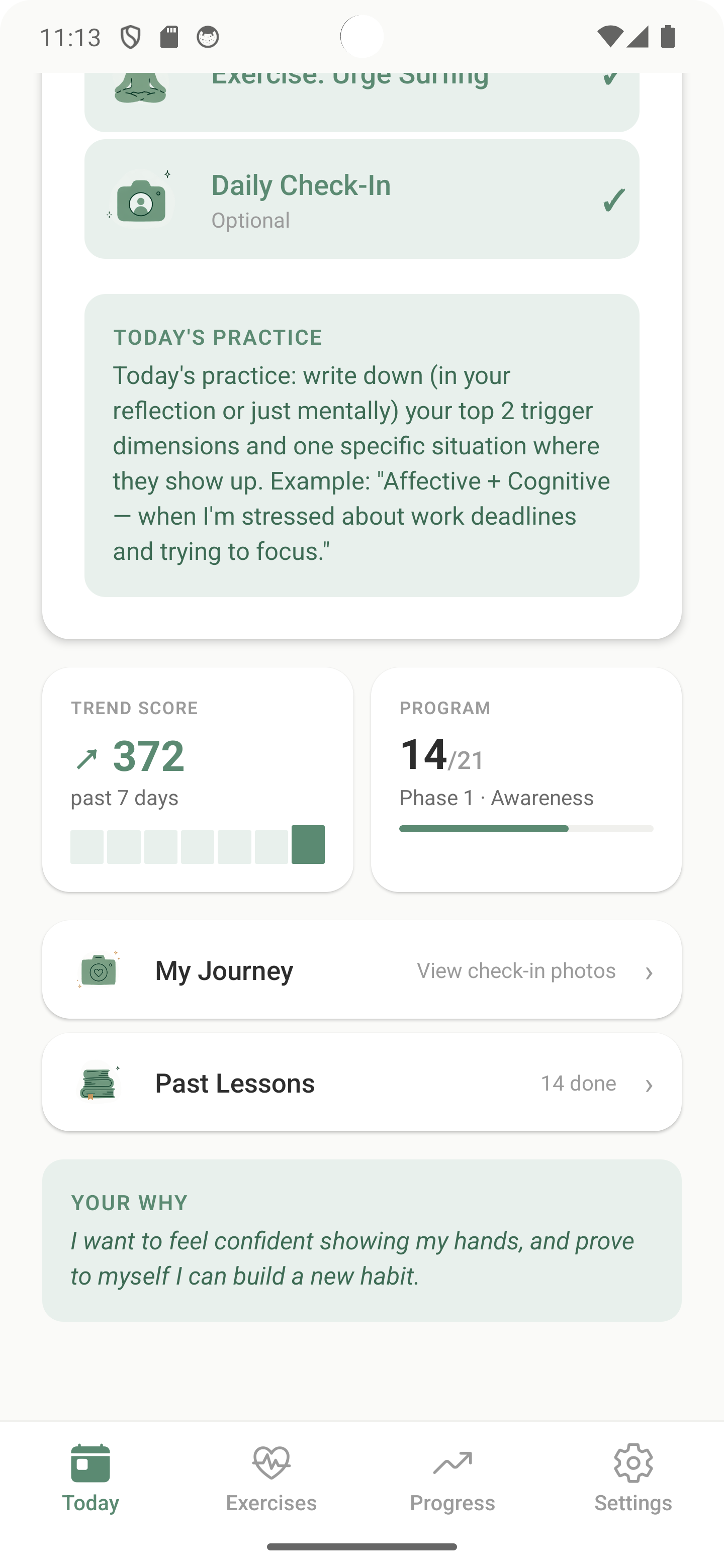 Today screen on day 14 showing the daily session, Trend Score of 372, and the My Journey photo album link
